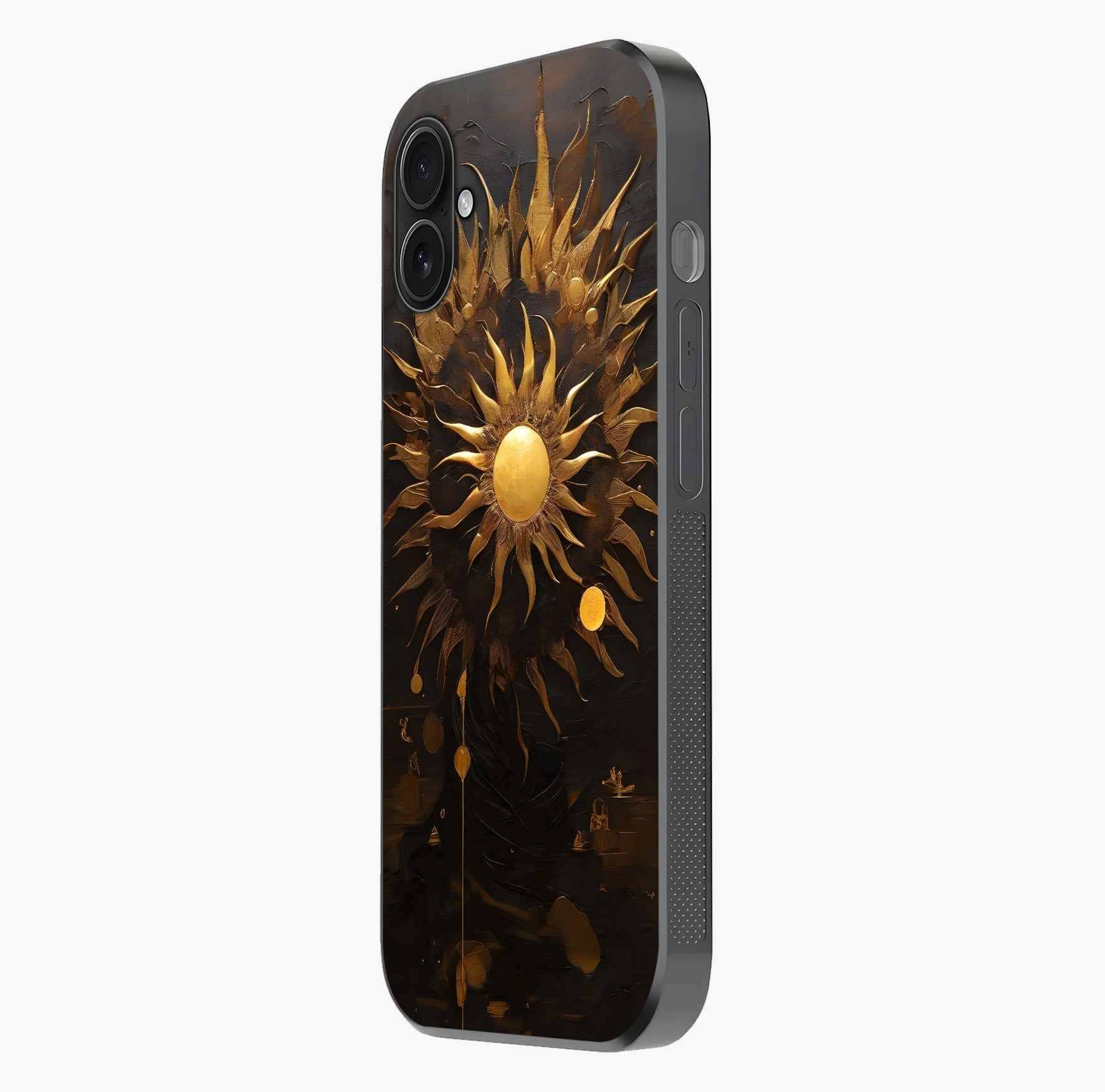 Golden Sun Majesty Glass Case photographed in natural light showing reflective finish and design depth.