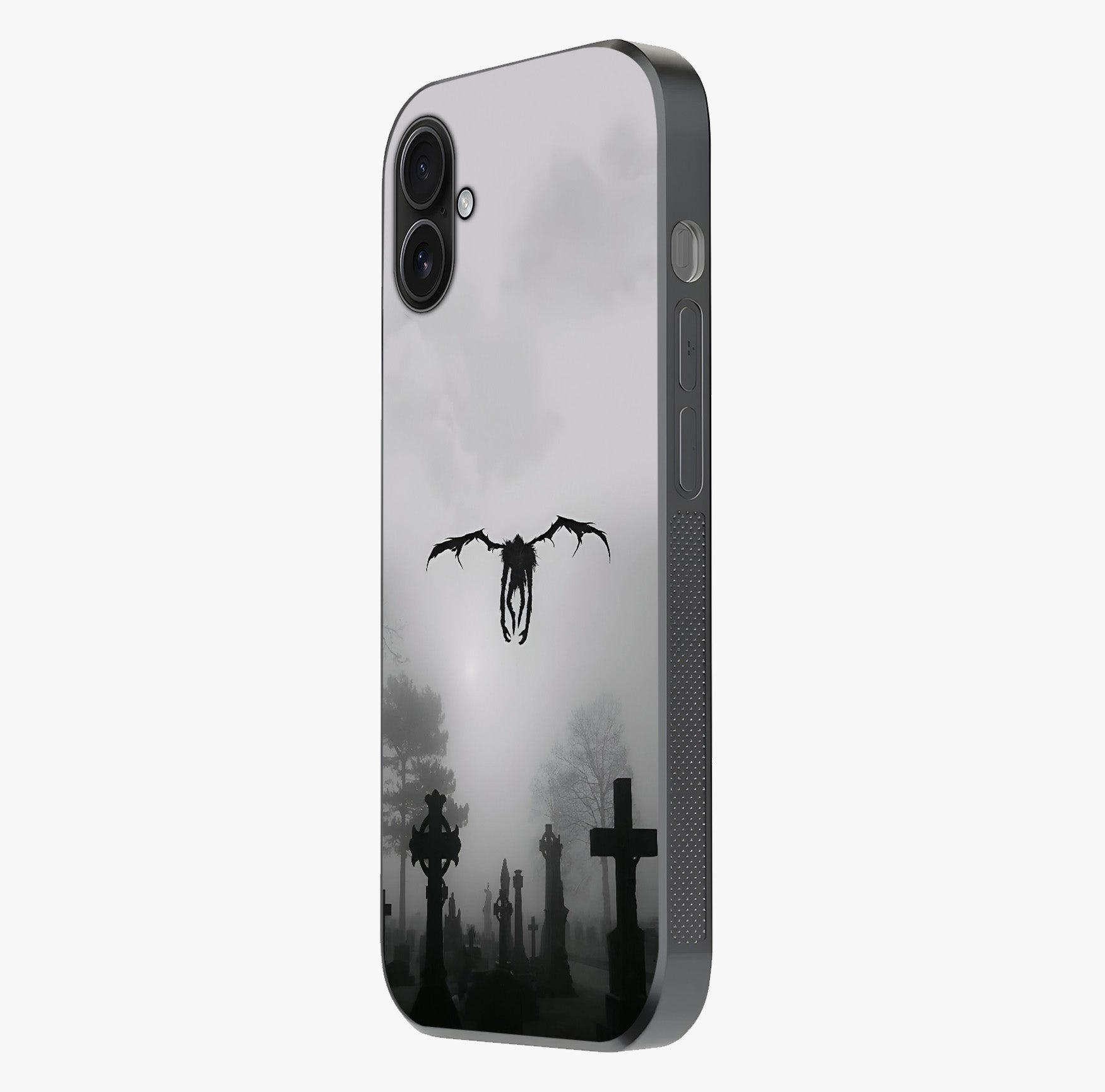 Graveyard Shadow Descent Glass Case photographed in natural light showing reflective finish and design depth.
