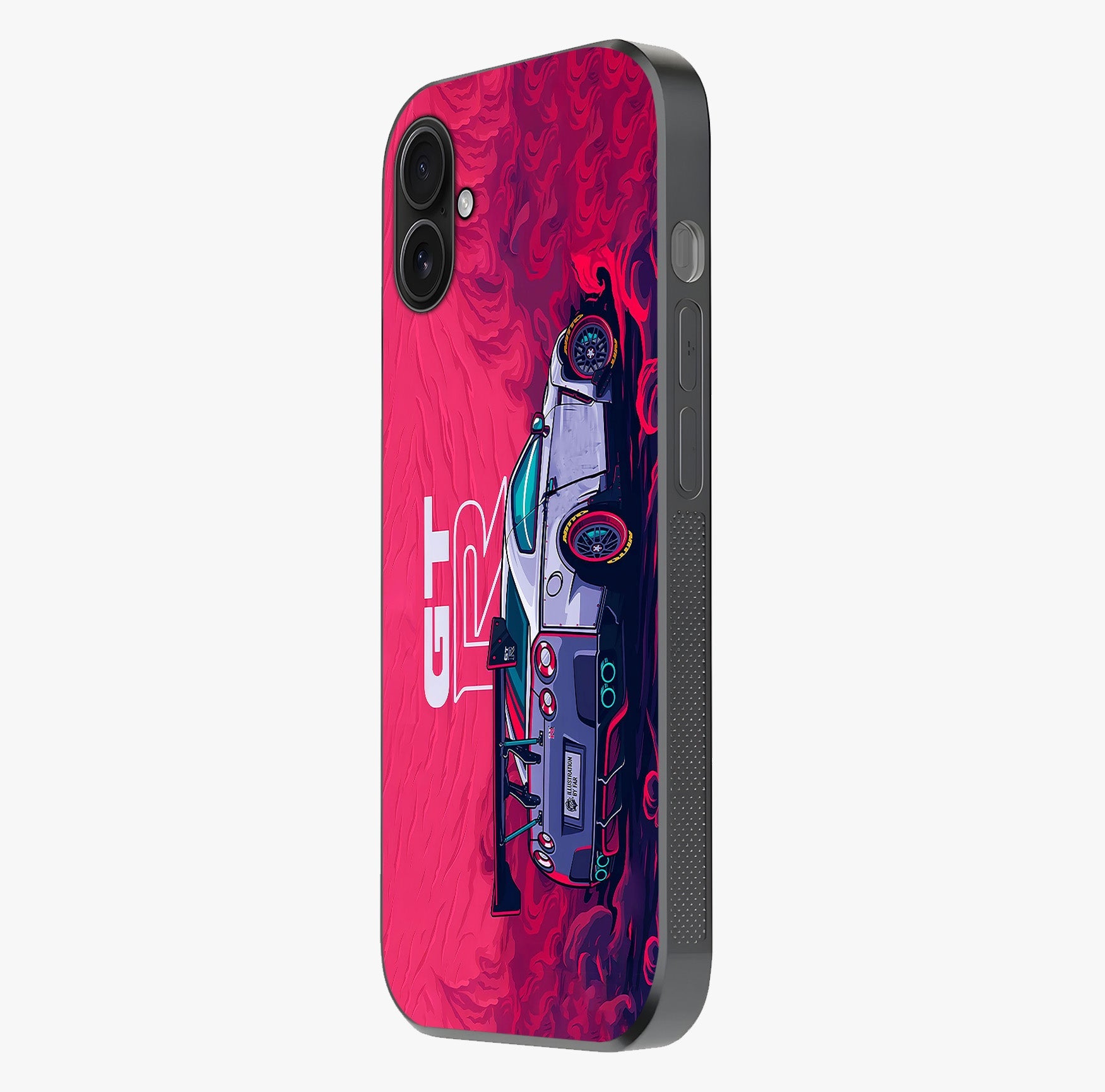 GT R Car Pattern Glass Case photographed in natural light showing reflective finish and design depth.