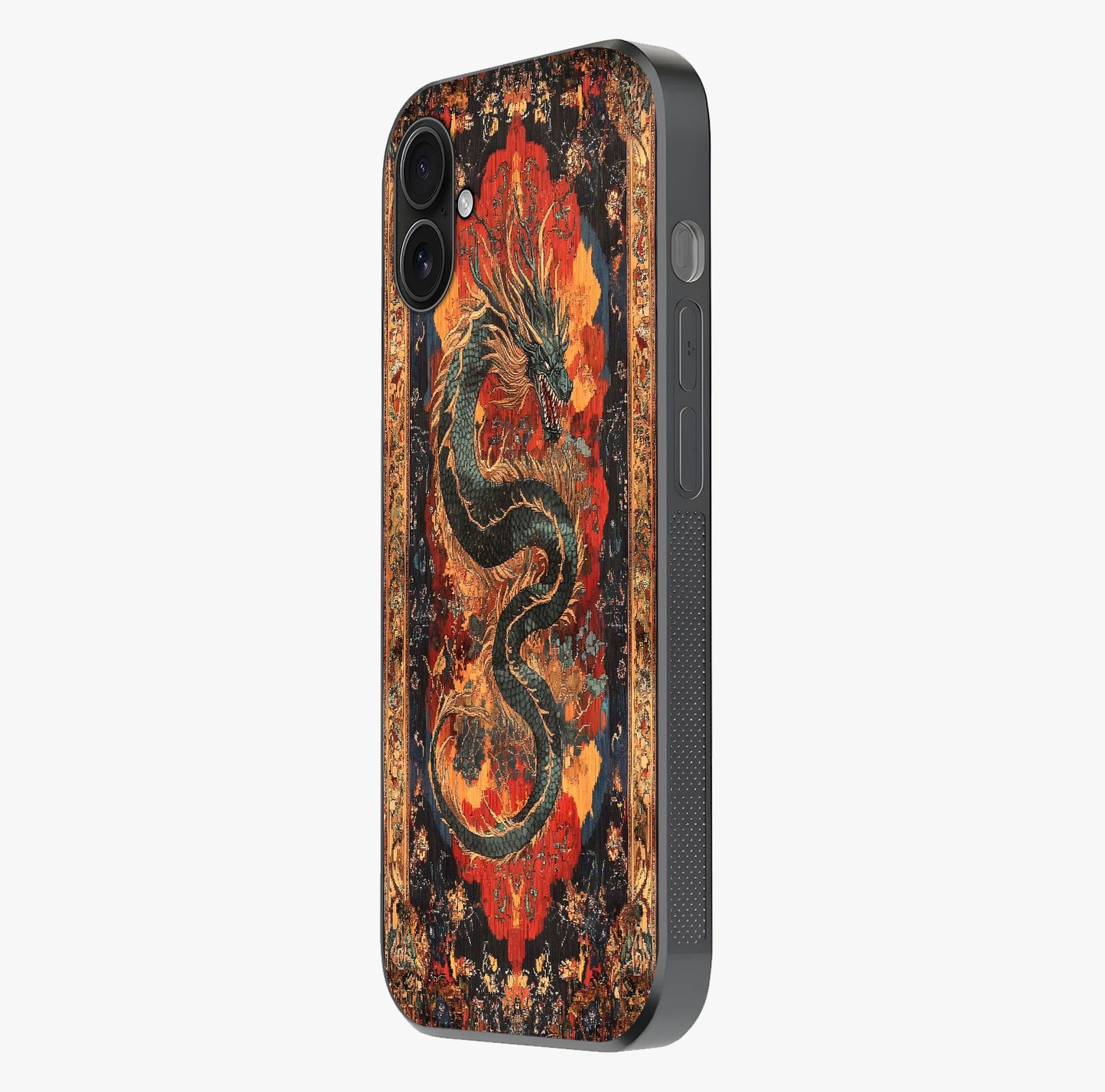 Inferno Dragon Soul Glass Case photographed in natural light showing reflective finish and design depth.