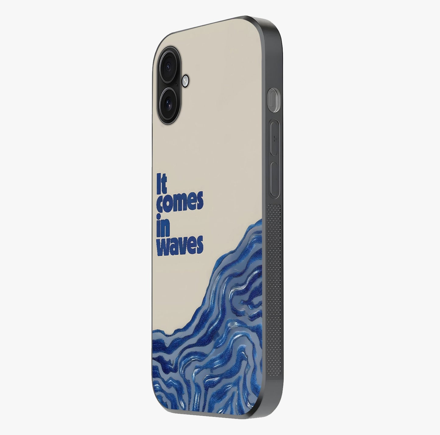 It Comes In Waves Quote Glass Case photographed in natural light showing reflective finish and design depth.