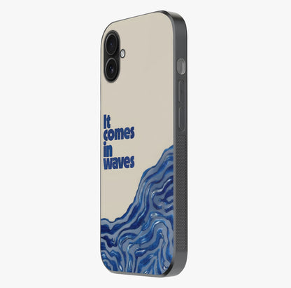 It Comes In Waves Quote Glass Case photographed in natural light showing reflective finish and design depth.