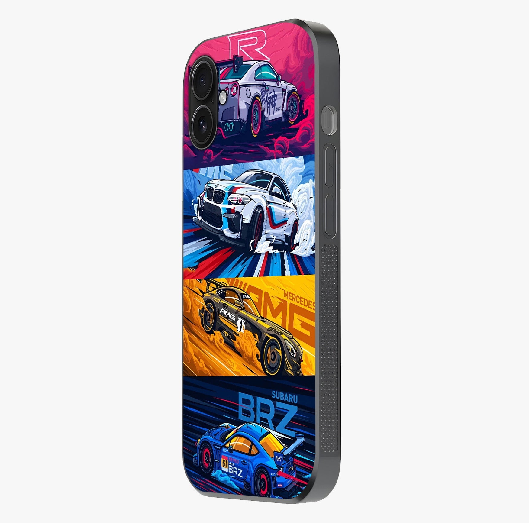 Jdm Sports Car Glass Case photographed in natural light showing reflective finish and design depth.