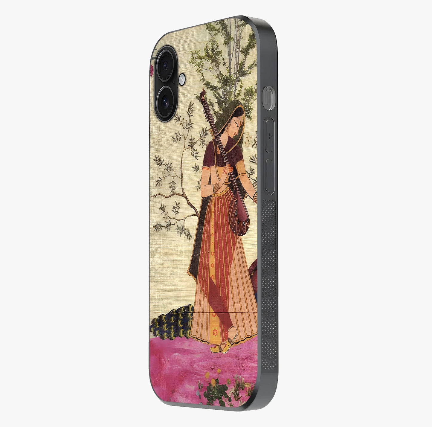 Lady With Veena Art Glass Case photographed in natural light showing reflective finish and design depth.