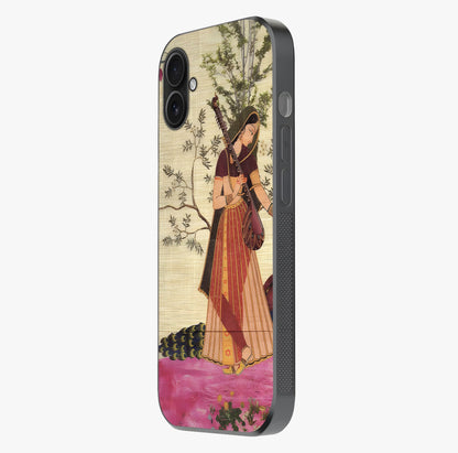 Lady With Veena Art Glass Case photographed in natural light showing reflective finish and design depth.