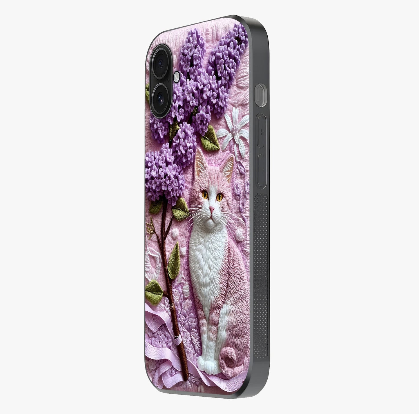Lavender Cat Whimsy Glass Case photographed in natural light showing reflective finish and design depth.