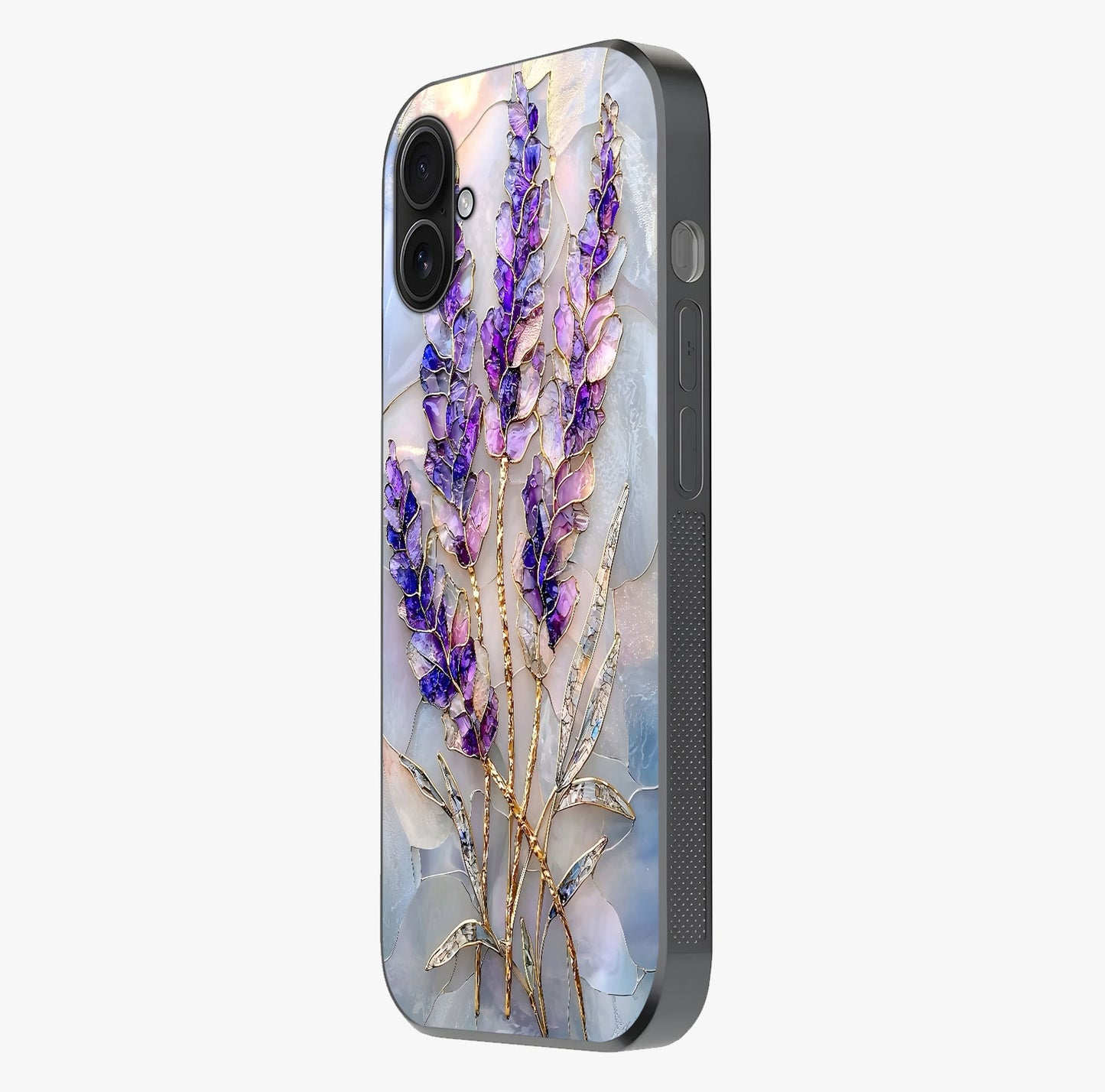 Lavender Dream Glow Glass Case photographed in natural light showing reflective finish and design depth.