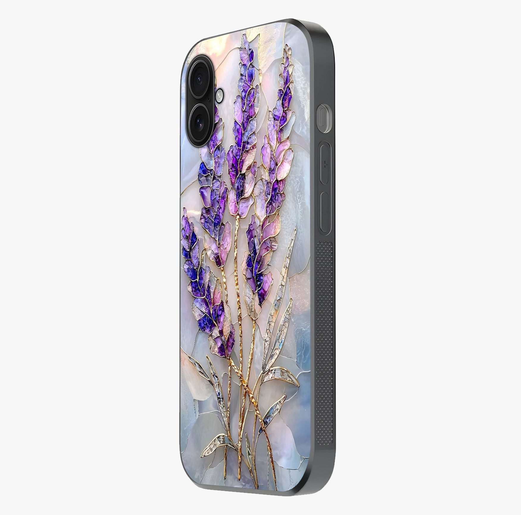 Lavender Dream Glow Glass Case photographed in natural light showing reflective finish and design depth.