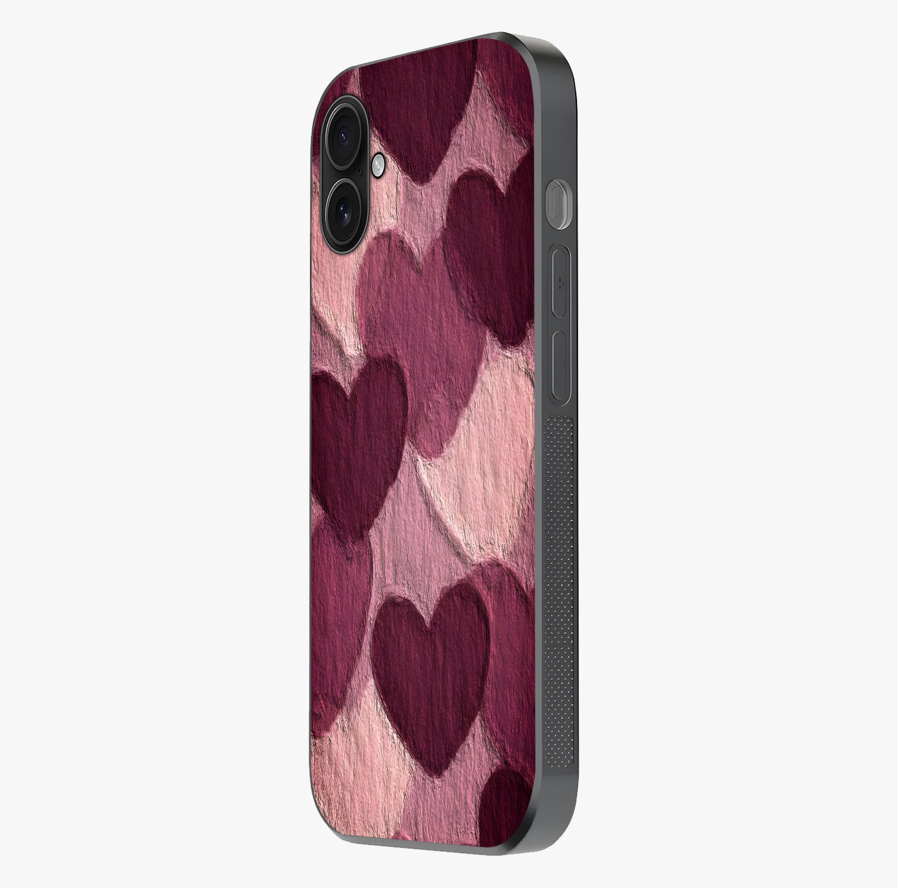 Layered Paper Hearts Glass Case photographed in natural light showing reflective finish and design depth.