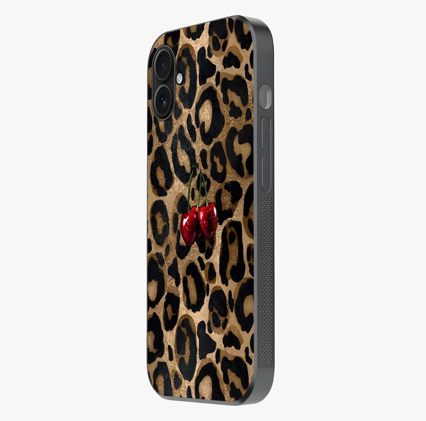 Leopard Wild Cherry Glass Case photographed in natural light showing reflective finish and design depth.