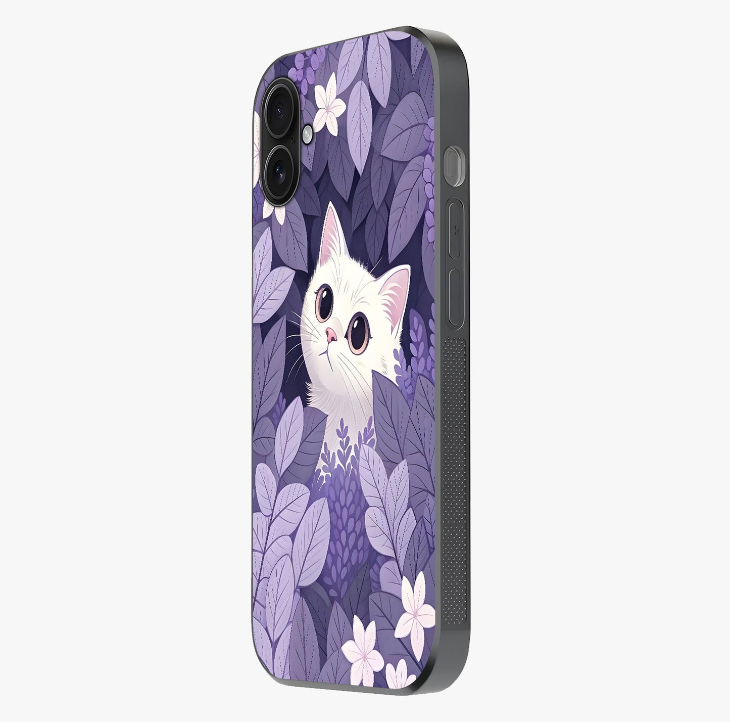 Lilac Hide Peek Cat Glass Case photographed in natural light showing reflective finish and design depth.