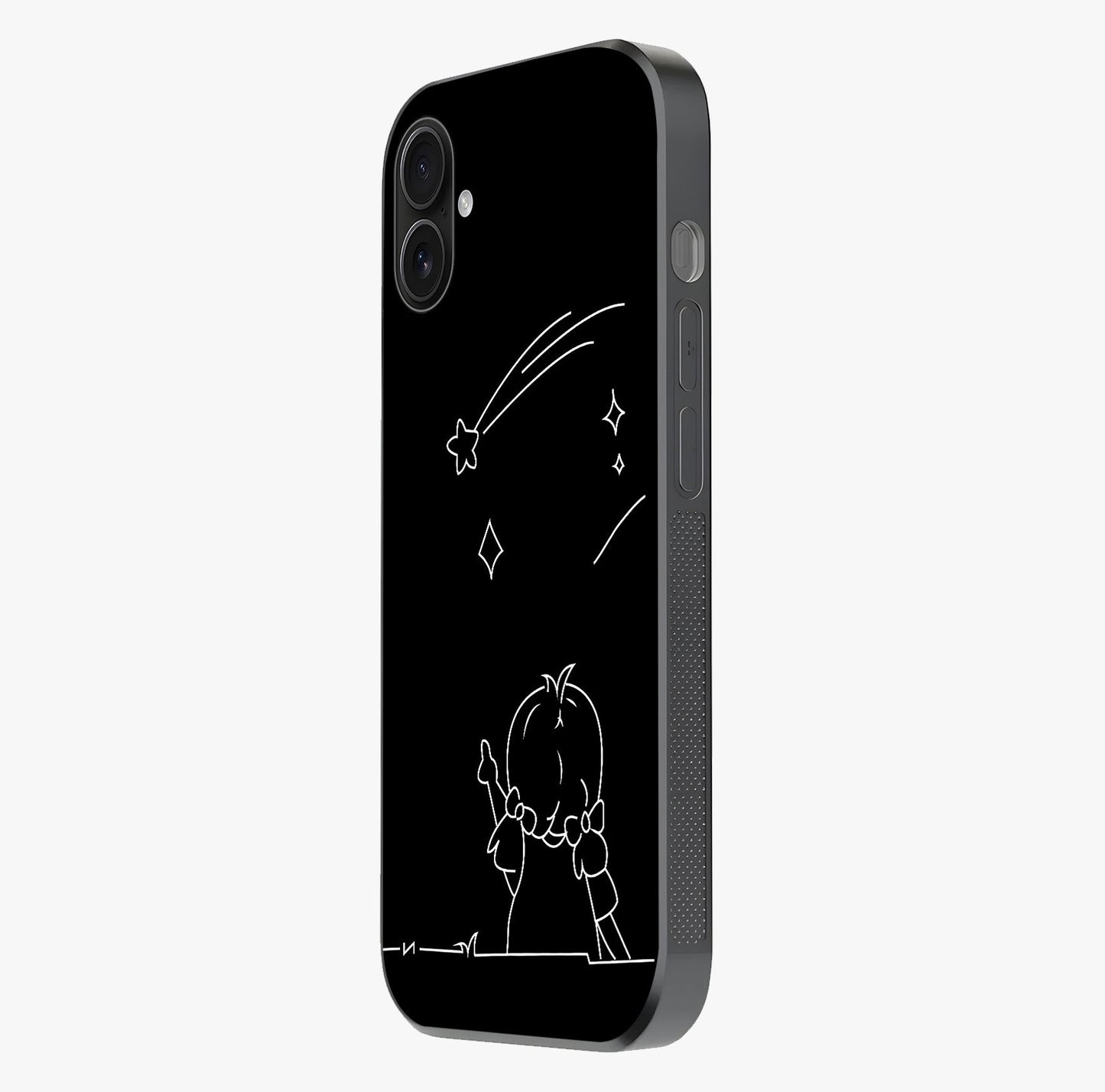 Line Art Girl With Shooting Stars Glass Case photographed in natural light showing reflective finish and design depth.