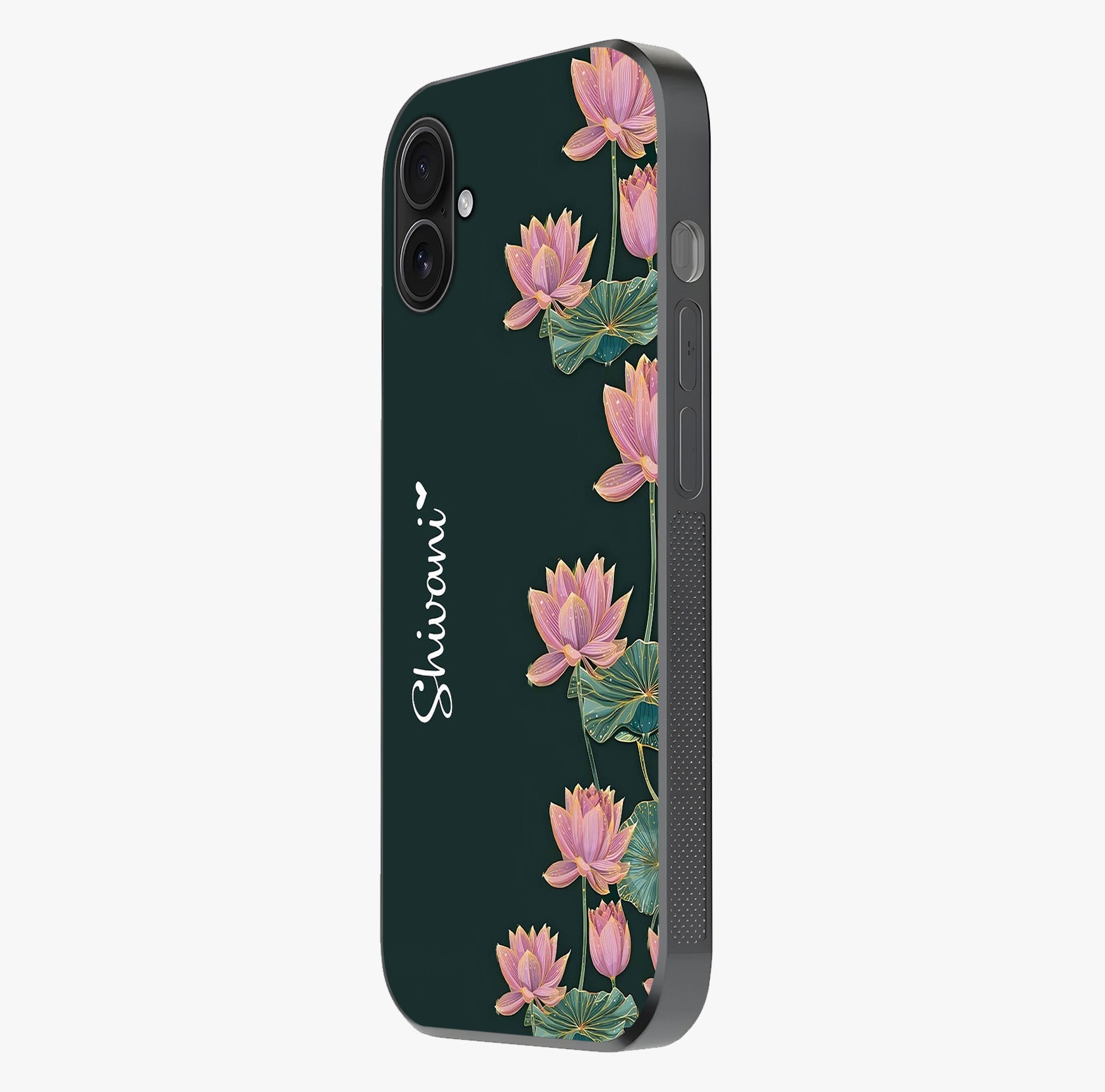 Lotus Bloom Serenity Custom Name Glass Case photographed in natural light showing reflective finish and design depth.