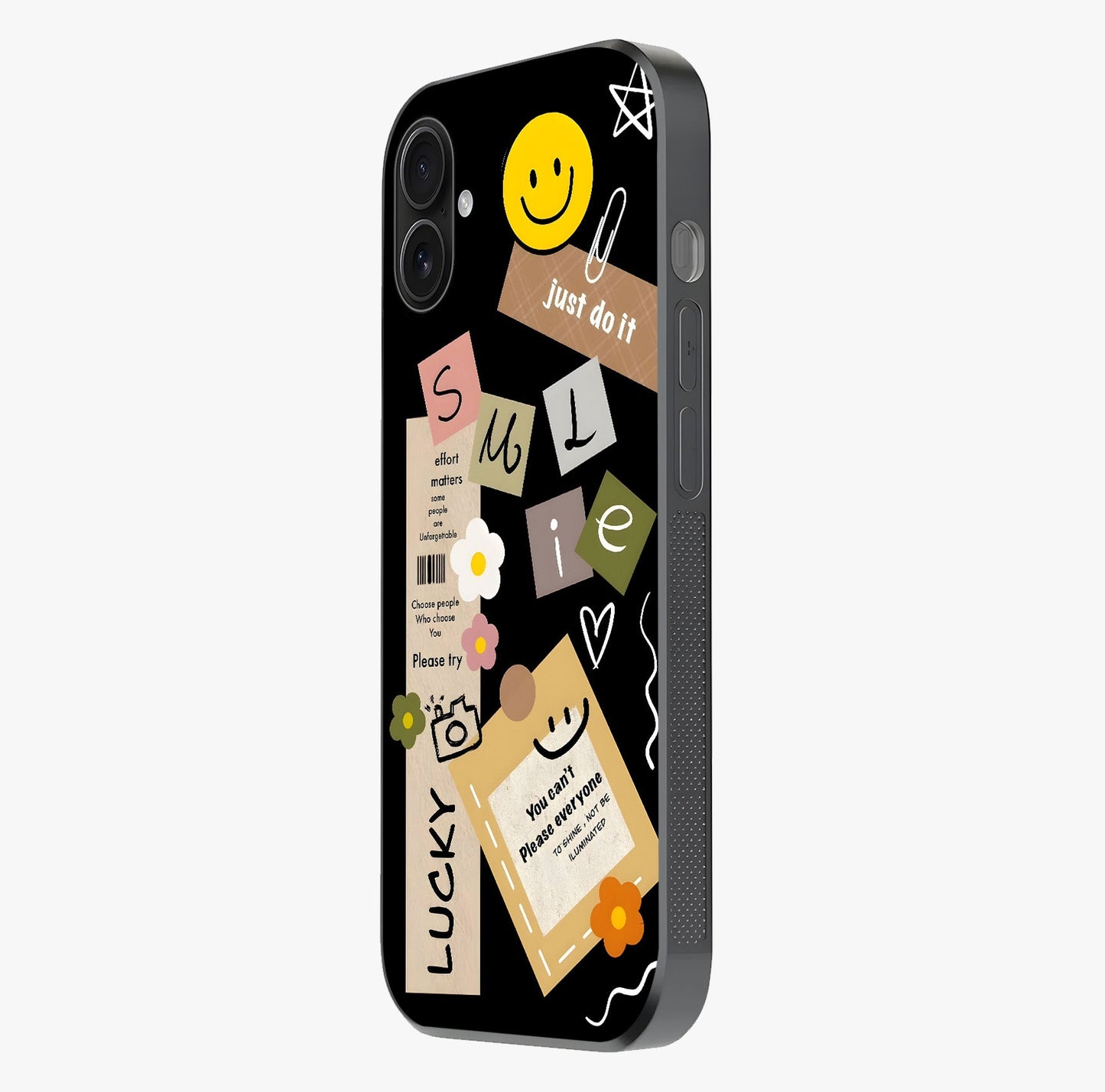Lucky Aesthetic Collage Glass Case photographed in natural light showing reflective finish and design depth.