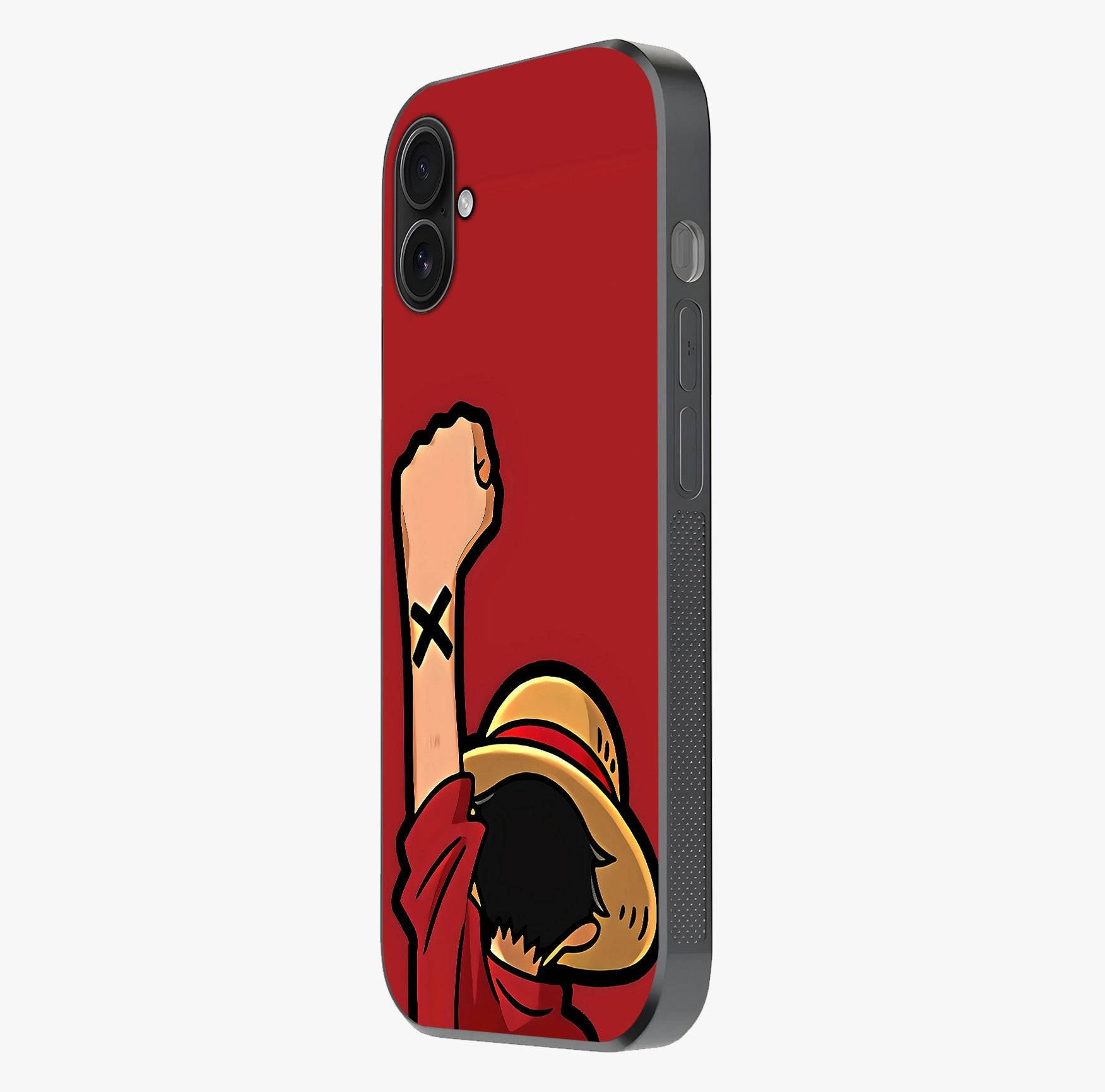 Luffy X Spirit Glass Case photographed in natural light showing reflective finish and design depth.
