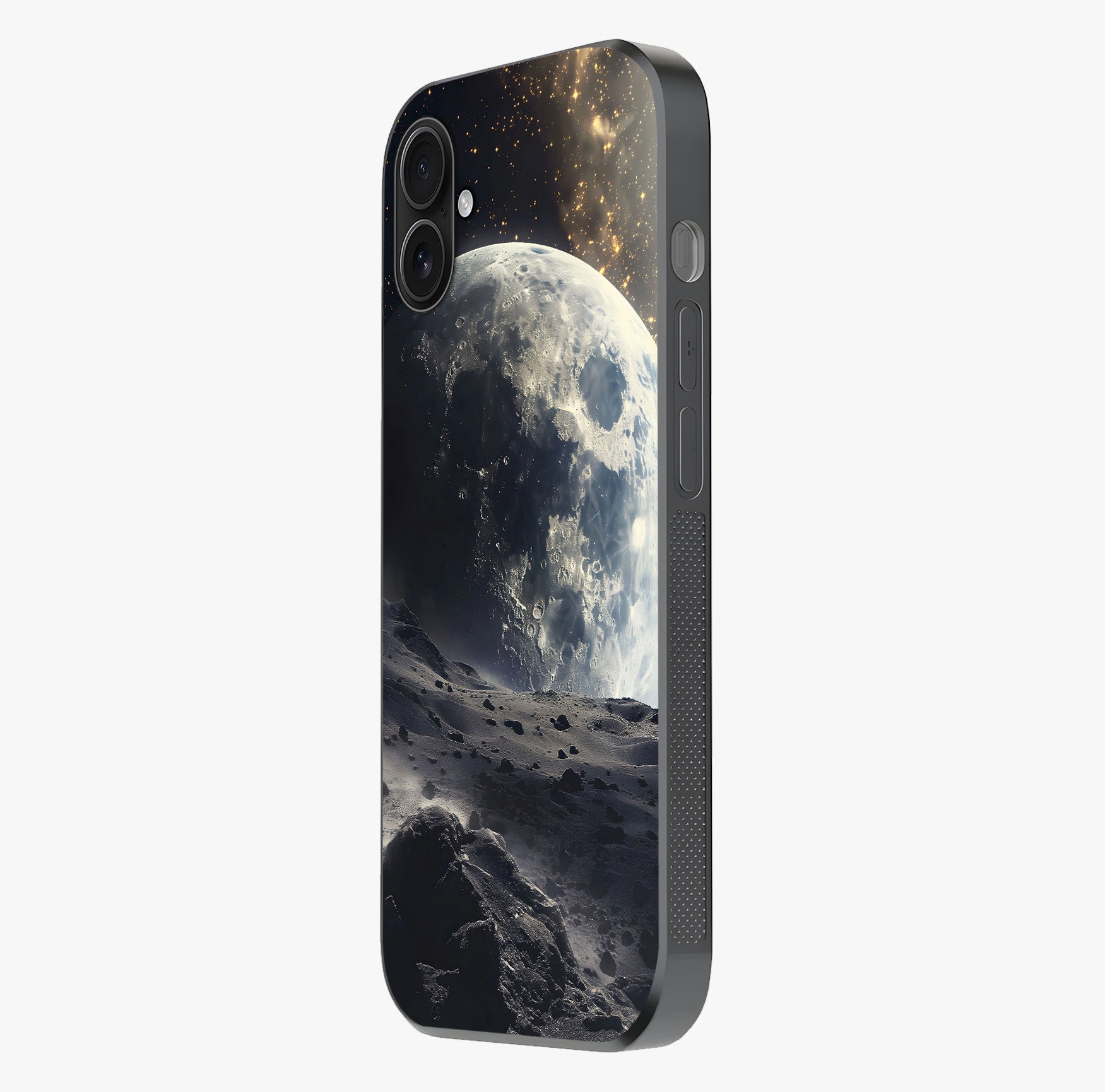 Lunar Horizon Glow Glass Case photographed in natural light showing reflective finish and design depth.