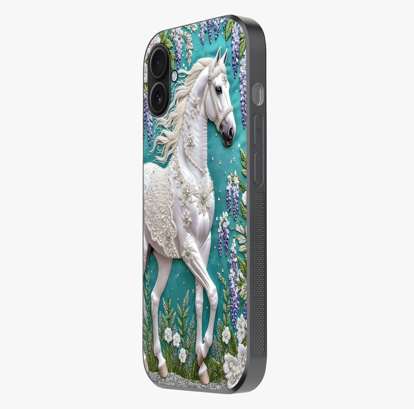 Majestic Floral Stallion Glass Case photographed in natural light showing reflective finish and design depth.