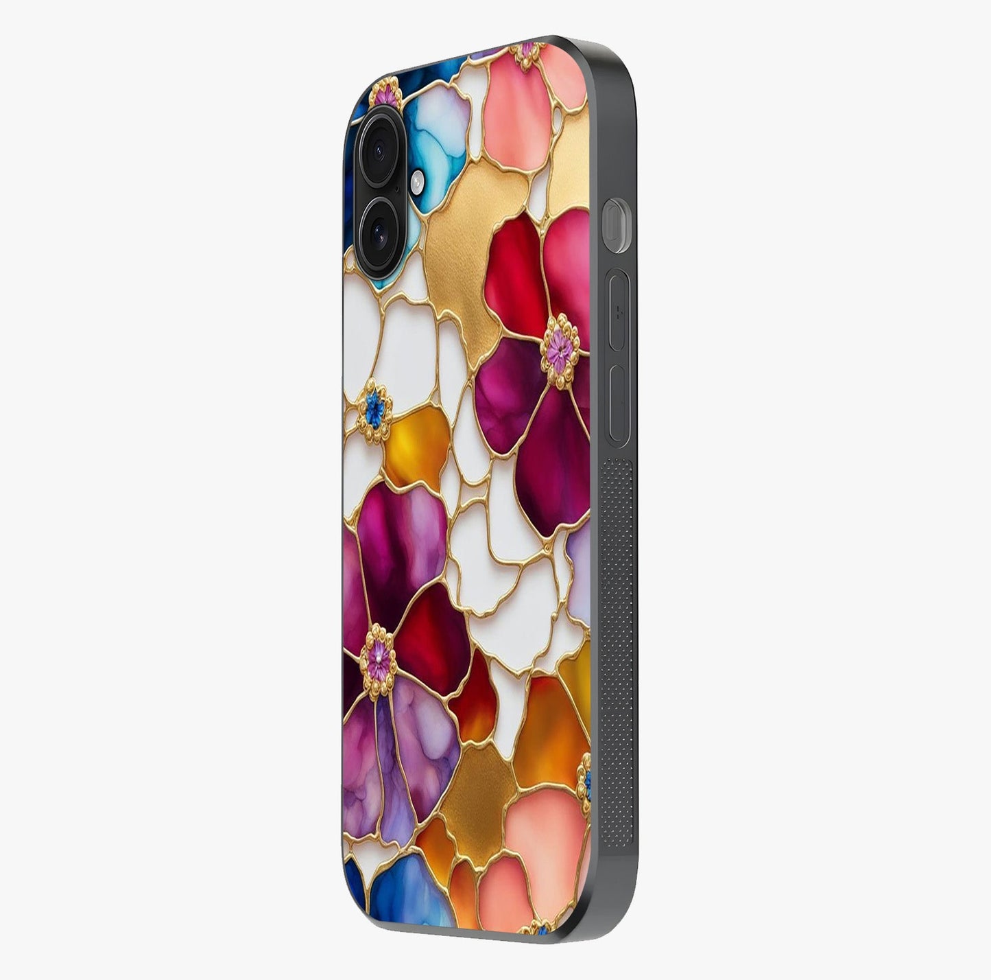 Marble Flower Pattern Glass Case photographed in natural light showing reflective finish and design depth.