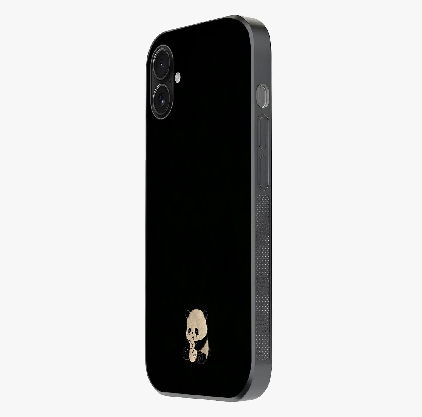 Midnight Panda Love Glass Case photographed in natural light showing reflective finish and design depth.