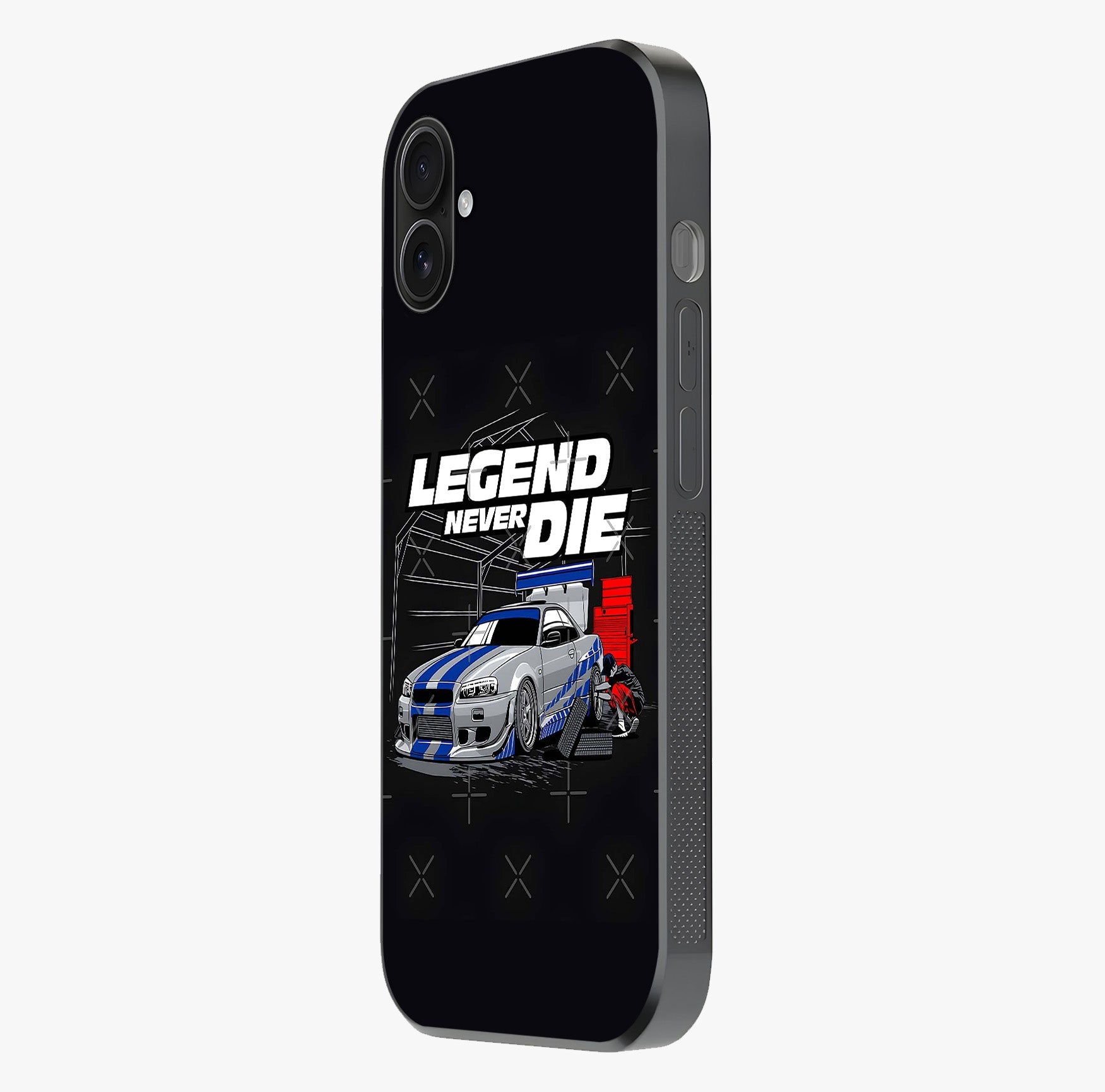 Midnight Racing Legacy Glass Case photographed in natural light showing reflective finish and design depth.