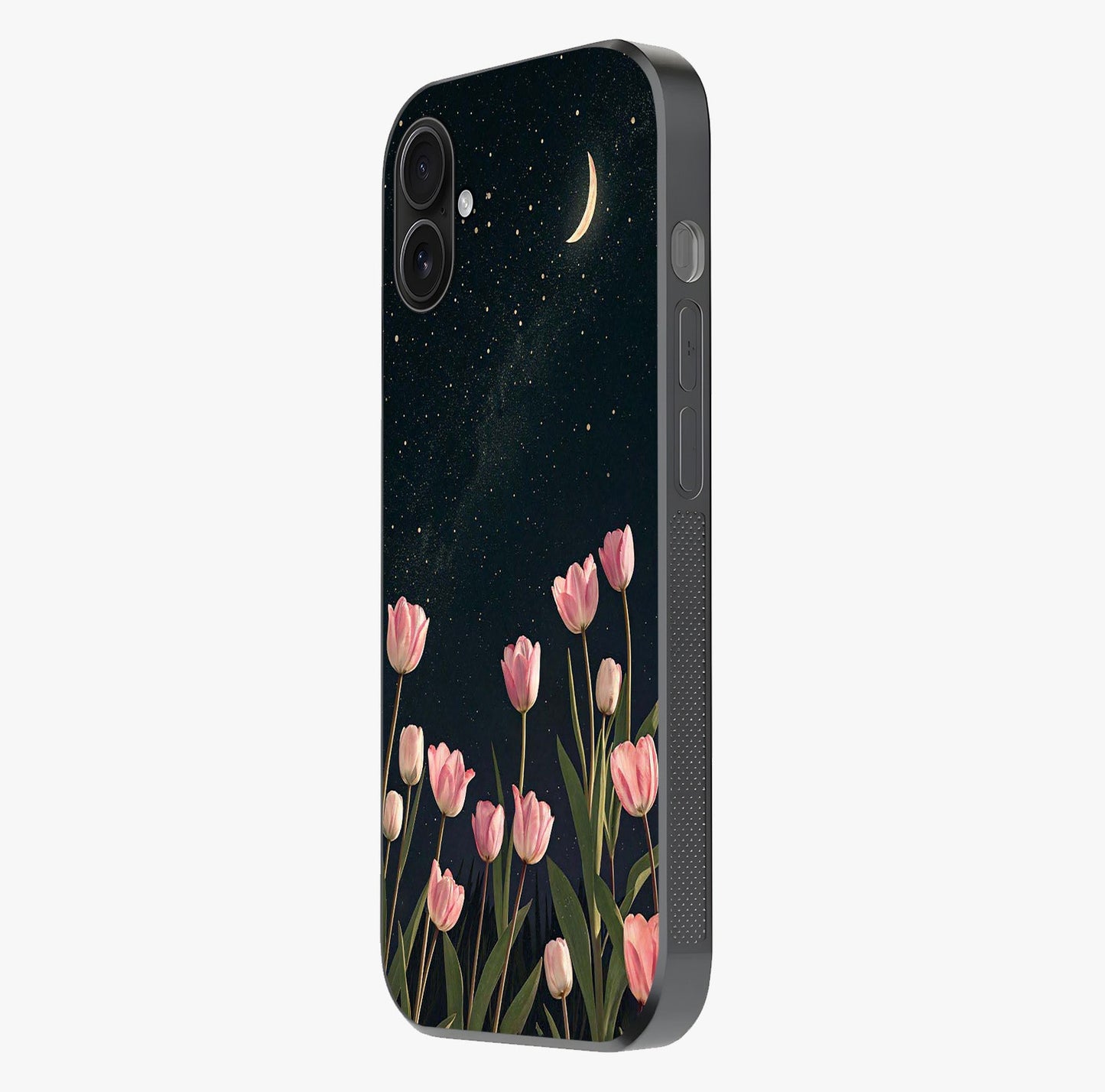 Midnight Tulip Whispers Vibe Glass Case photographed in natural light showing reflective finish and design depth.