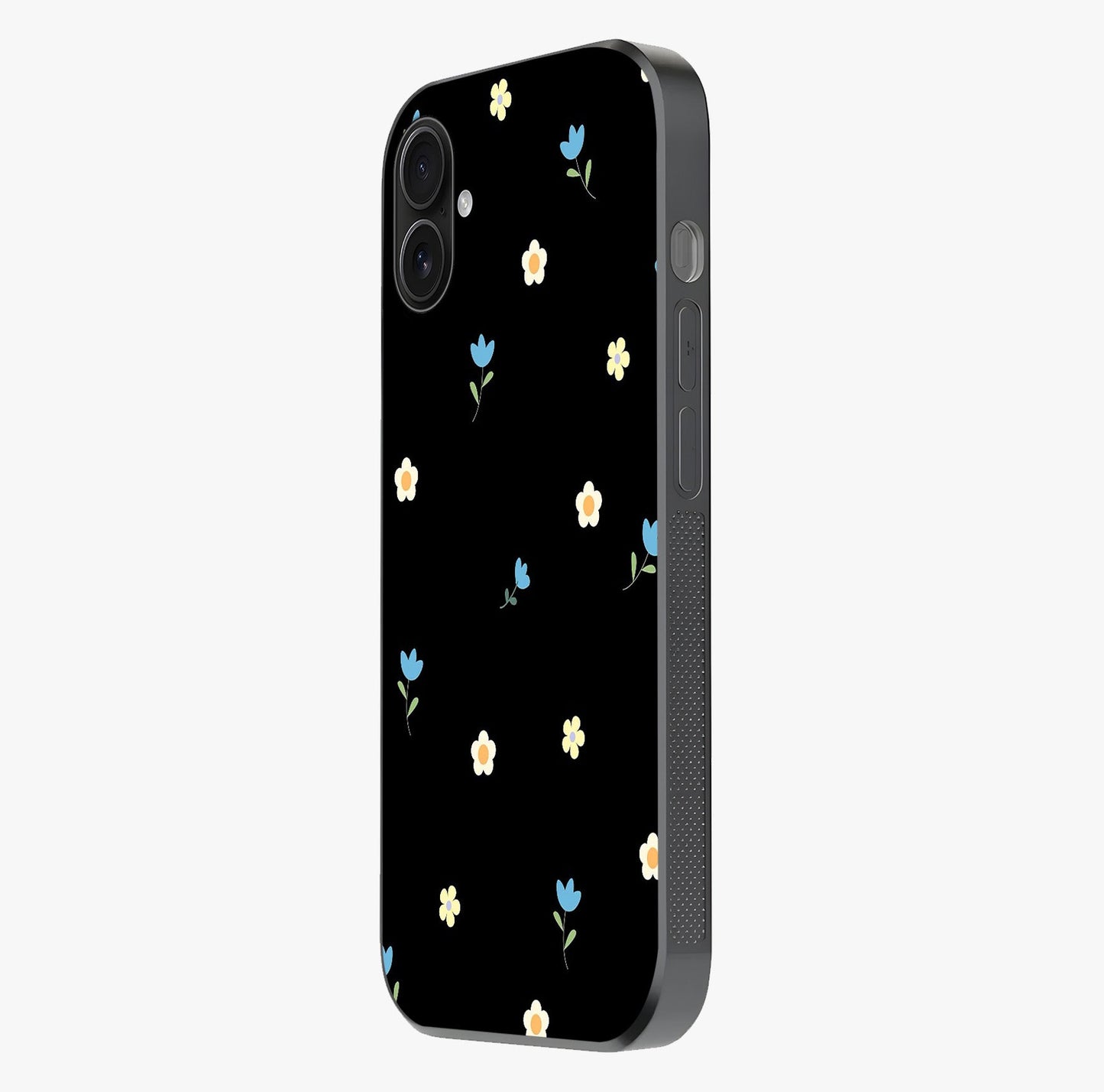 Minimalistic Blue With White Flower Pattern Glass Case photographed in natural light showing reflective finish and design depth.