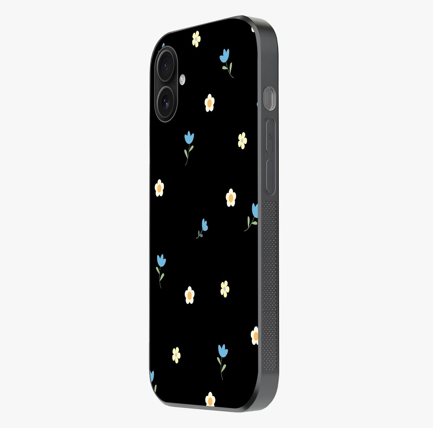 Minimalistic Blue With White Flower Pattern Glass Case photographed in natural light showing reflective finish and design depth.