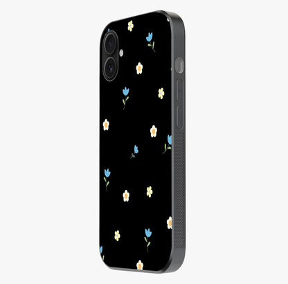 Minimalistic Blue With White Flower Pattern Glass Case photographed in natural light showing reflective finish and design depth.