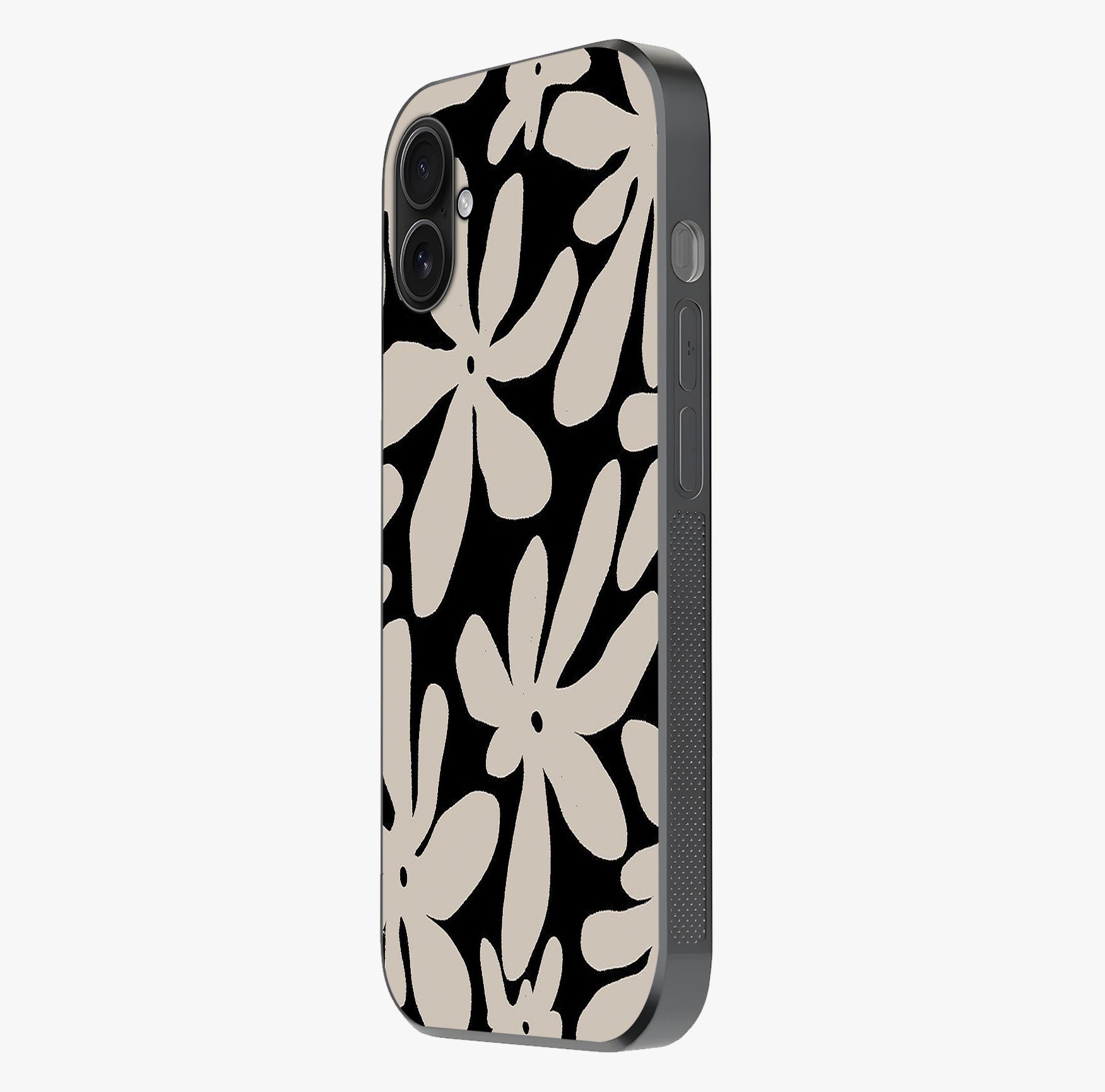 Monochrome Petal Dance Glass Case photographed in natural light showing reflective finish and design depth.