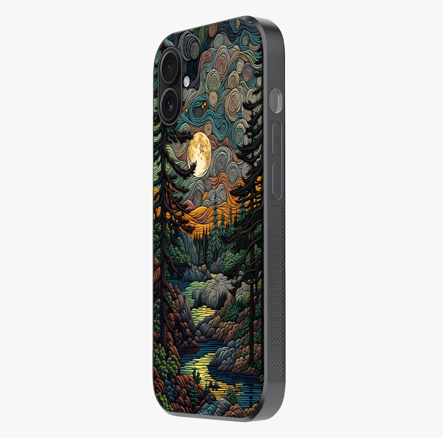 Moonlight Forest Dream Glass Case photographed in natural light showing reflective finish and design depth.