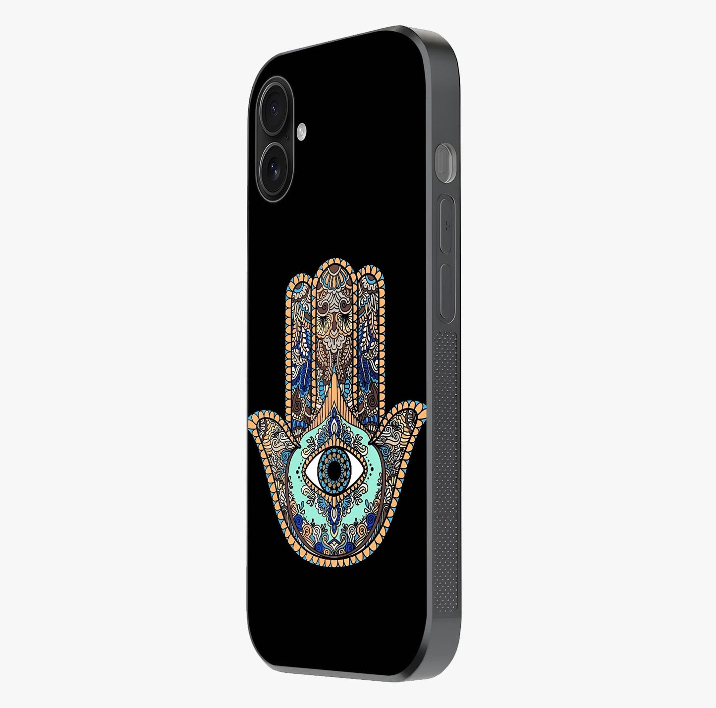 Mystic Hamsa Eye Glass Case photographed in natural light showing reflective finish and design depth.