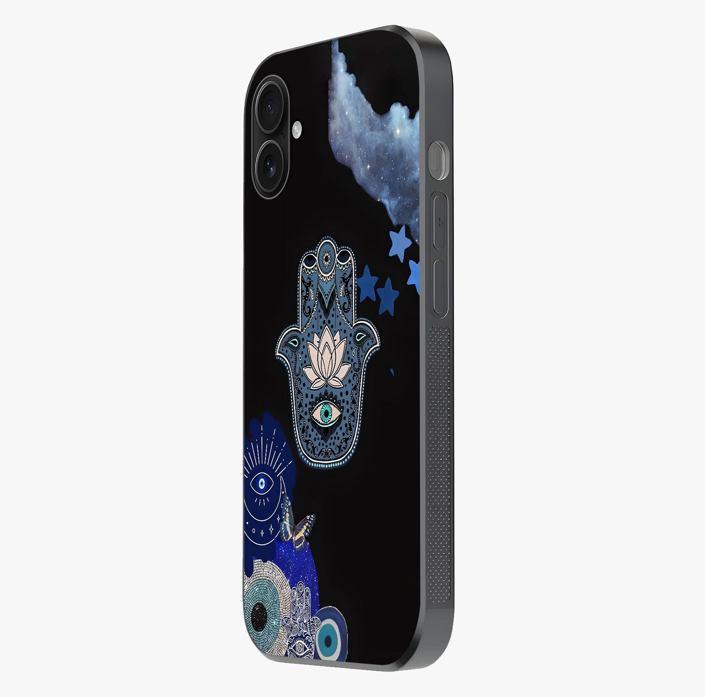 Mystic Hand Aura Glass Case photographed in natural light showing reflective finish and design depth.