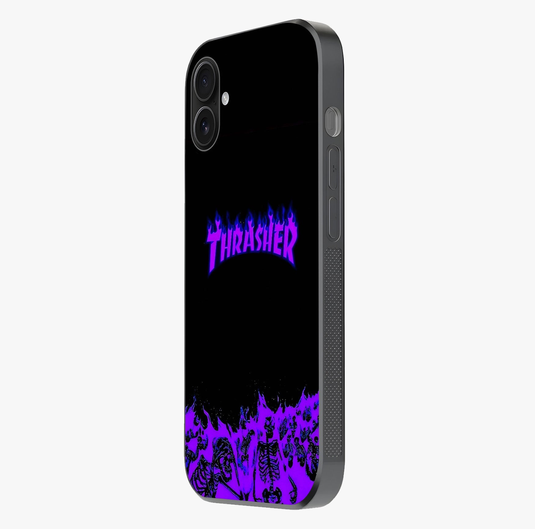 Neon Flame Riot Glass Case photographed in natural light showing reflective finish and design depth.