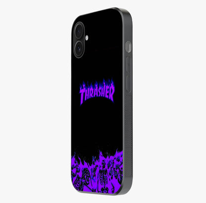 Neon Flame Riot Glass Case photographed in natural light showing reflective finish and design depth.