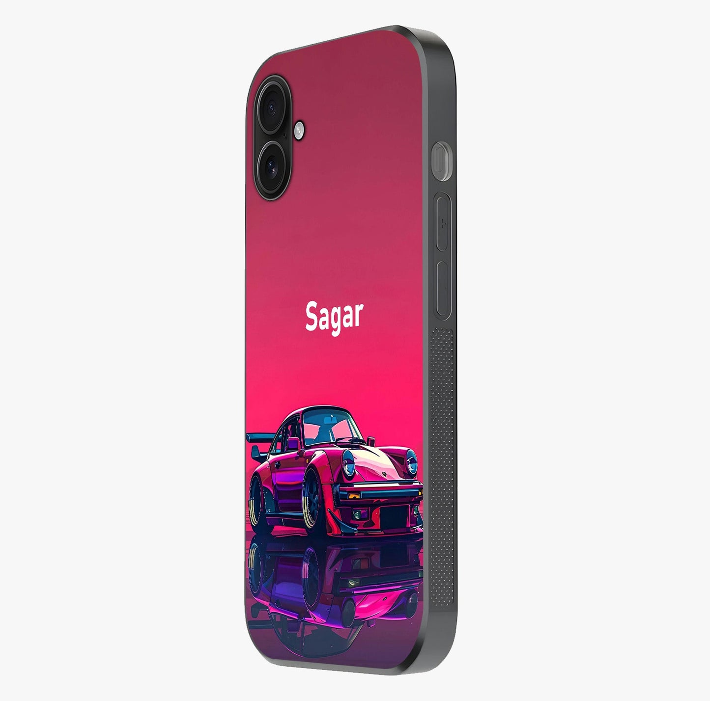Neon Pink Porsche Glass Case photographed in natural light showing reflective finish and design depth.