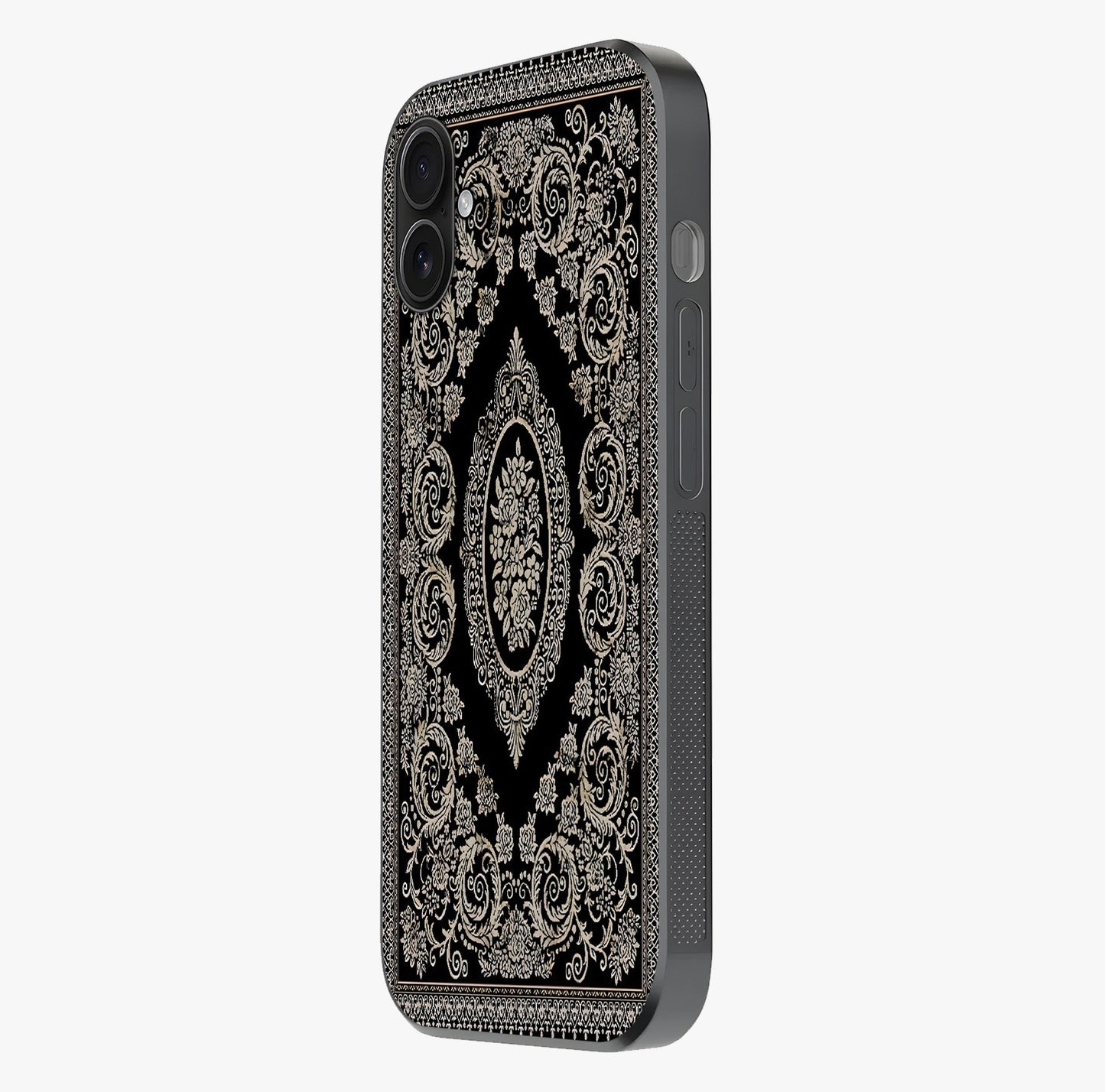 Noir Bloom Elegance Glass Case photographed in natural light showing reflective finish and design depth.