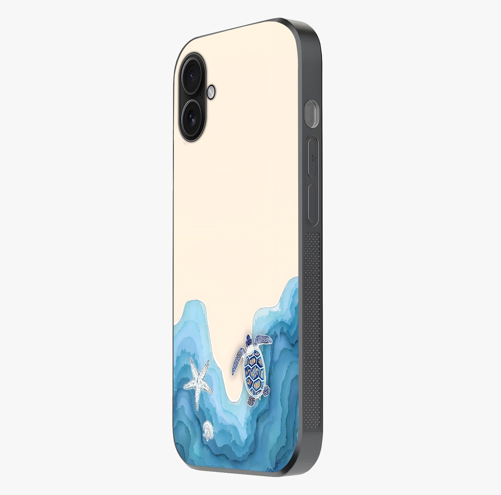 Ocean Drift Turtle Glass Case photographed in natural light showing reflective finish and design depth.
