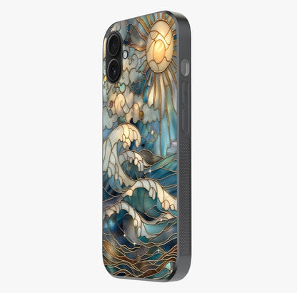 Oceanic Stained Printed Glass Case photographed in natural light showing reflective finish and design depth.
