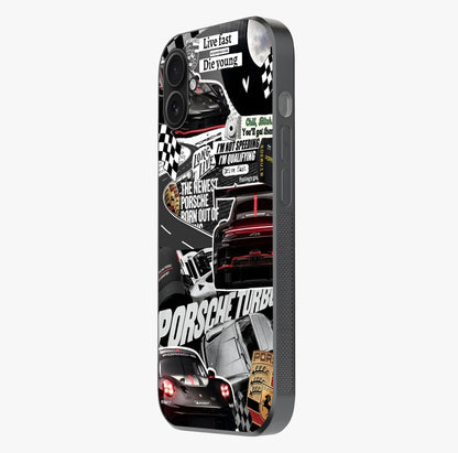 Porsche Racing Collage Glass Case photographed in natural light showing reflective finish and design depth.