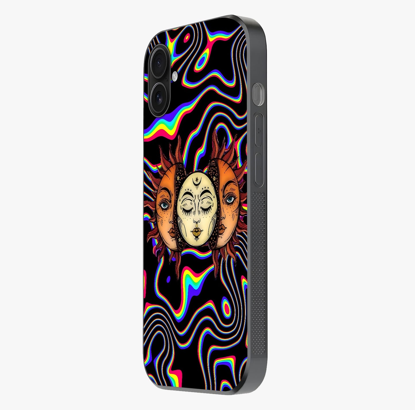 Psychedelic Sun Glass Case photographed in natural light showing reflective finish and design depth.