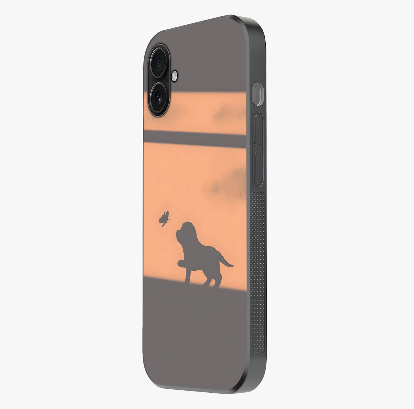 Puppy Shadow Art Glass Case photographed in natural light showing reflective finish and design depth.