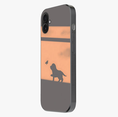 Puppy Shadow Art Glass Case photographed in natural light showing reflective finish and design depth.
