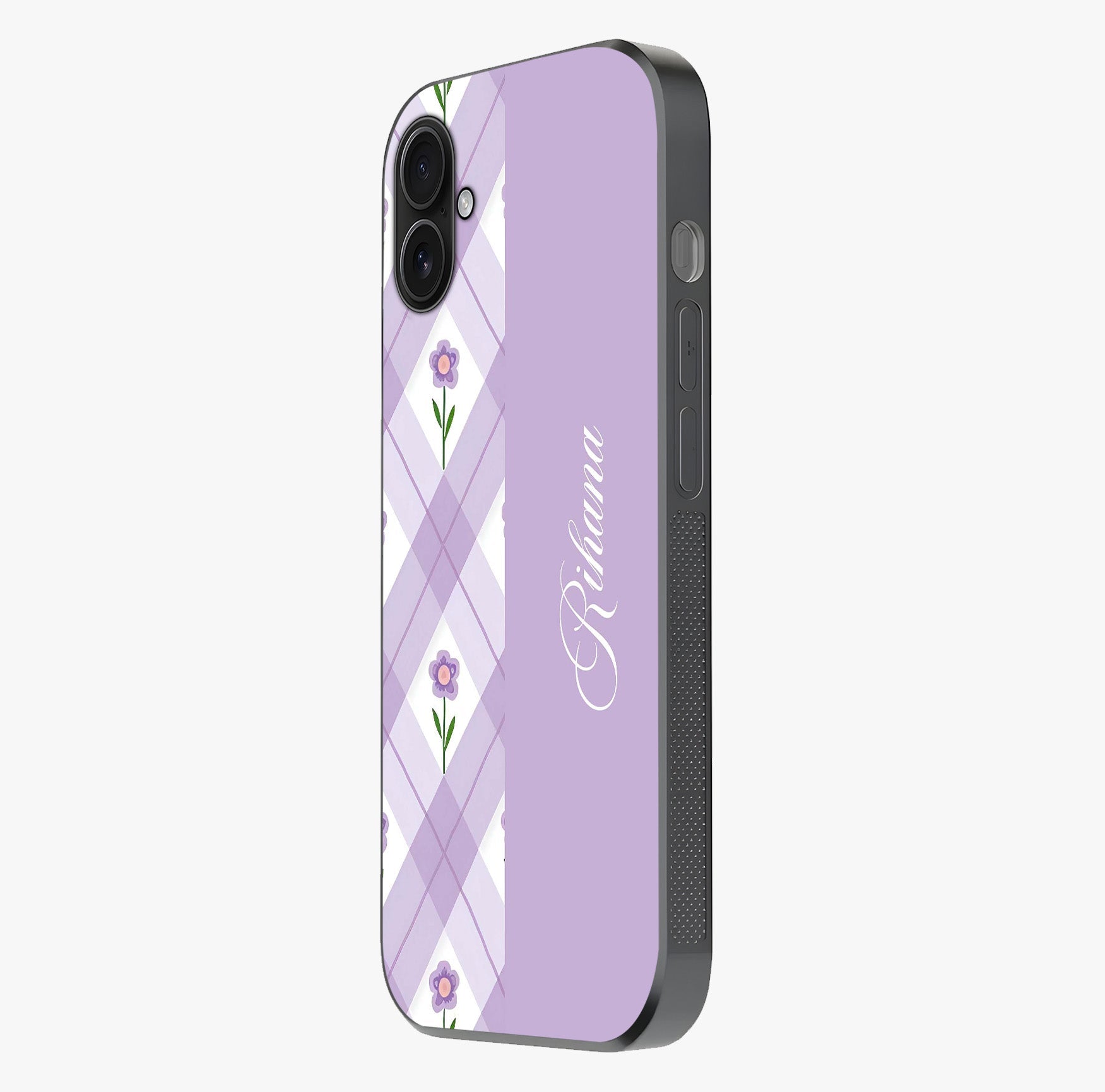 Purple Diamond Floral Glass Case photographed in natural light showing reflective finish and design depth.