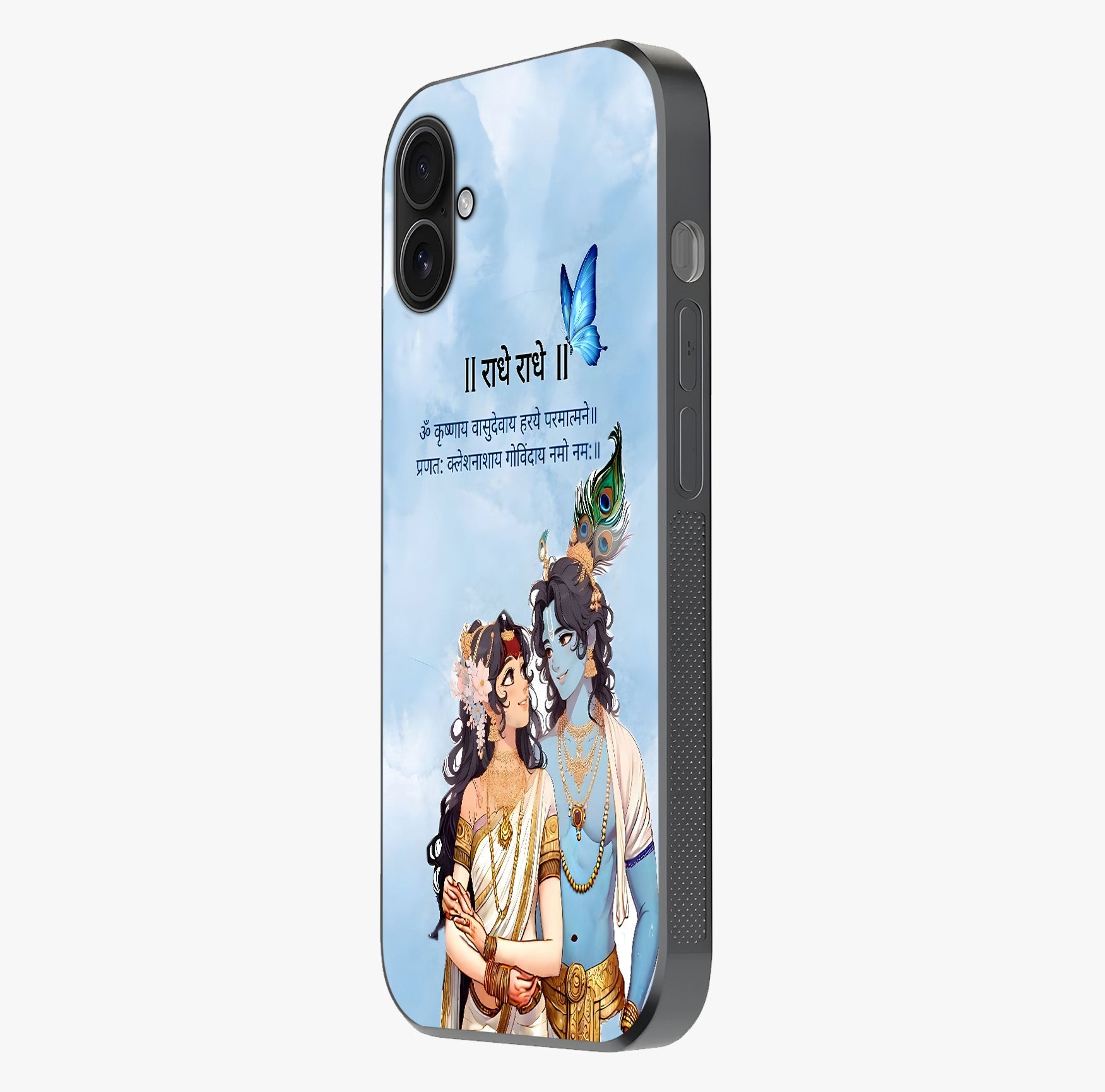 Radha Krishna Eternal Glass Case photographed in natural light showing reflective finish and design depth.