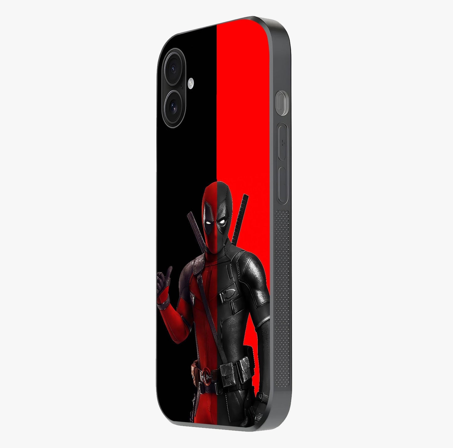 Red & Black Deadpool Theme Glass Case photographed in natural light showing reflective finish and design depth.