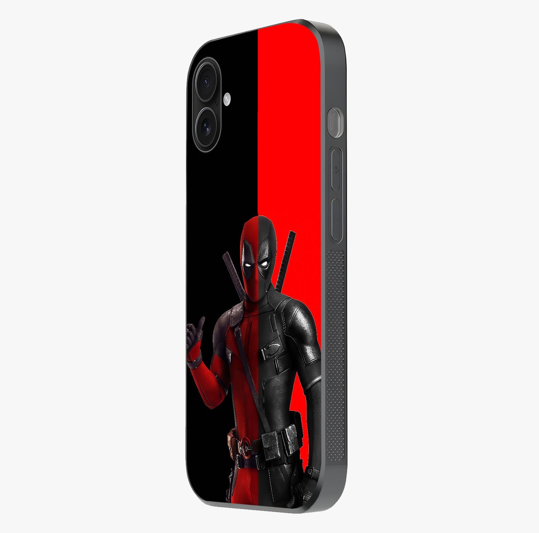 Red & Black Deadpool Theme Glass Case photographed in natural light showing reflective finish and design depth.