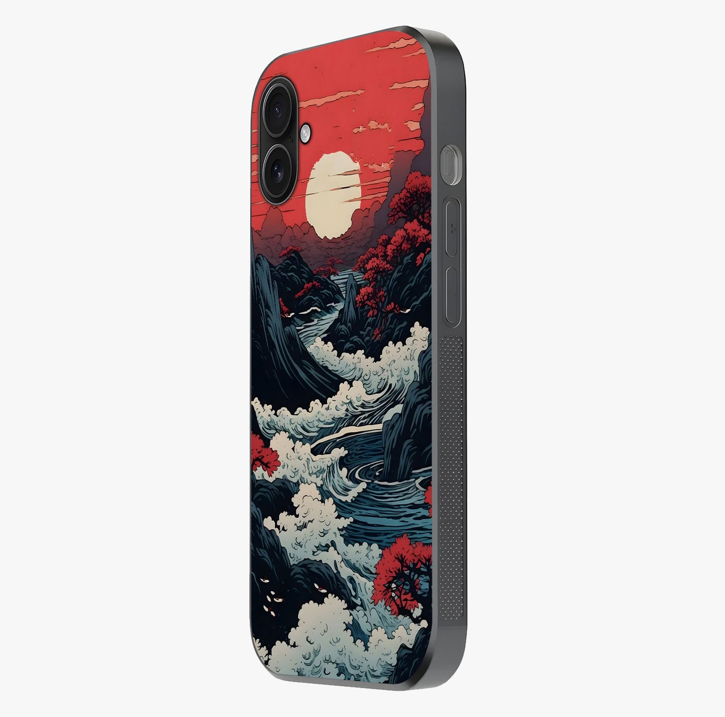Red Sunset Scenery Glass Case photographed in natural light showing reflective finish and design depth.