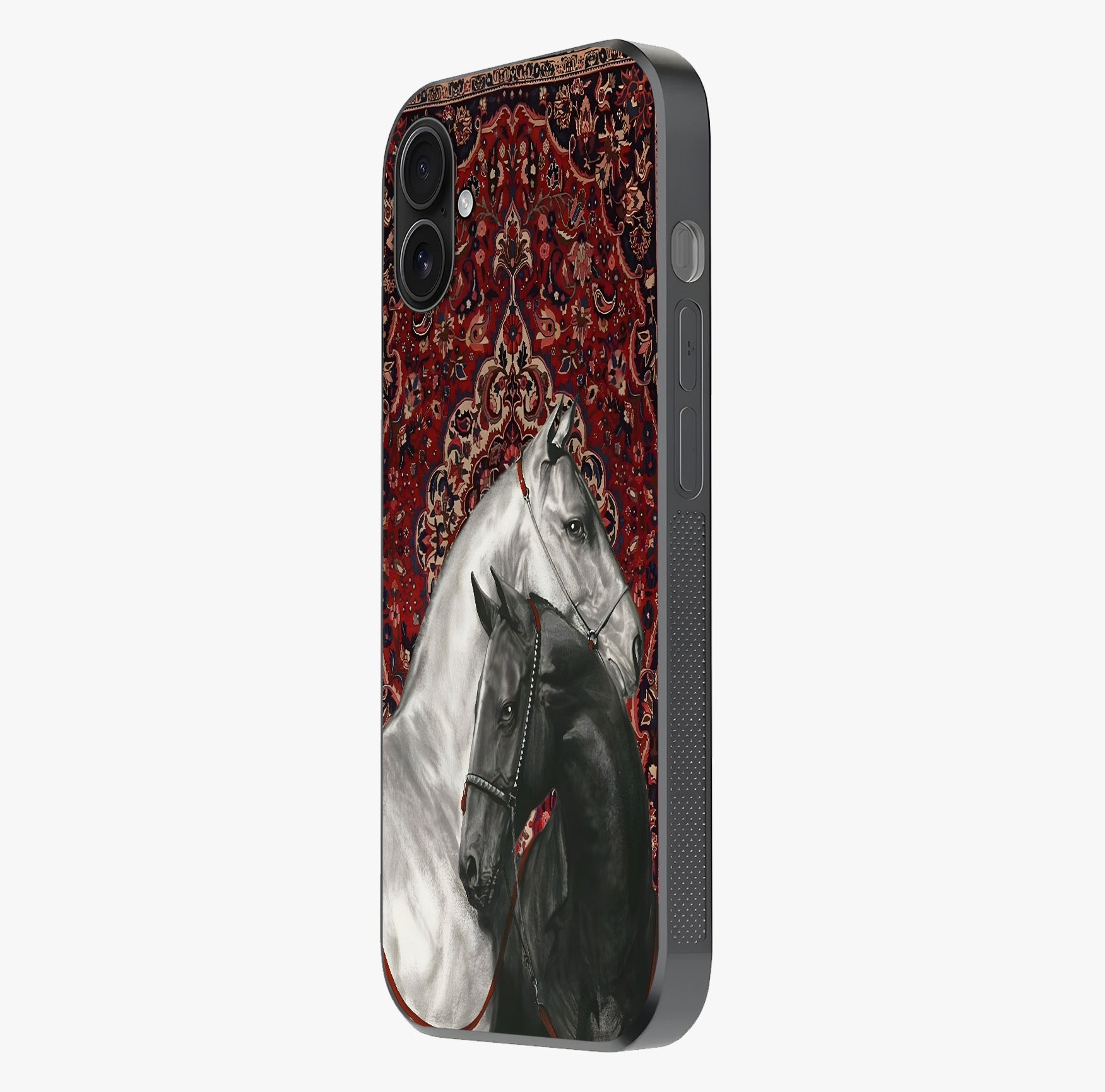 Regal Stallion Tapestry Glass Case photographed in natural light showing reflective finish and design depth.
