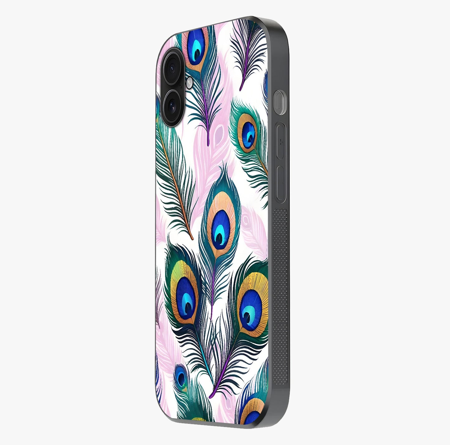 Royal Peacock Feathers Glass Case photographed in natural light showing reflective finish and design depth.