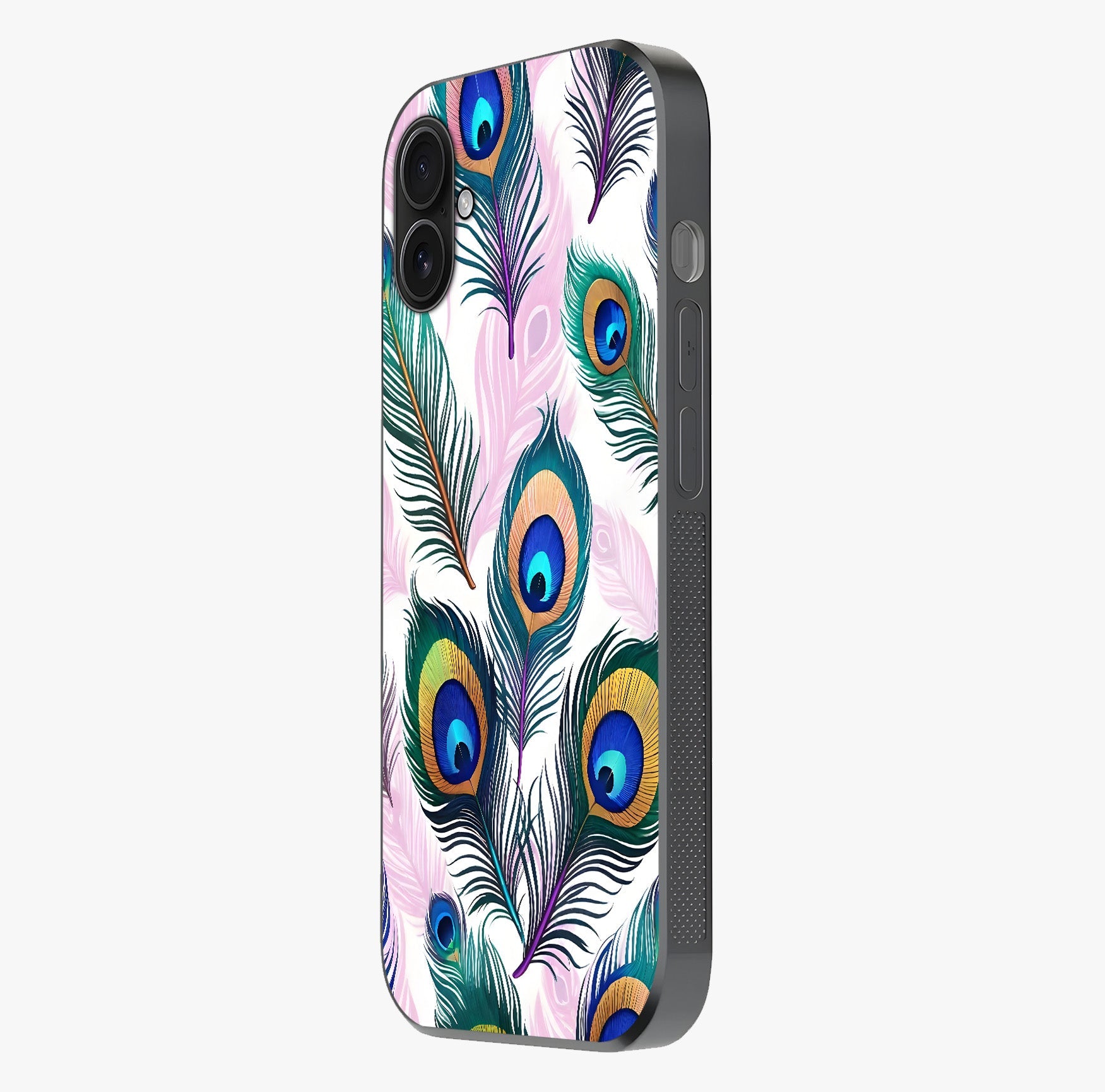 Royal Peacock Feathers Glass Case photographed in natural light showing reflective finish and design depth.